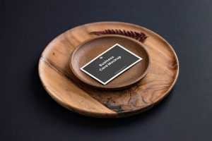 Artistic Perspective Free Business Card Mockup on Wooden Plate