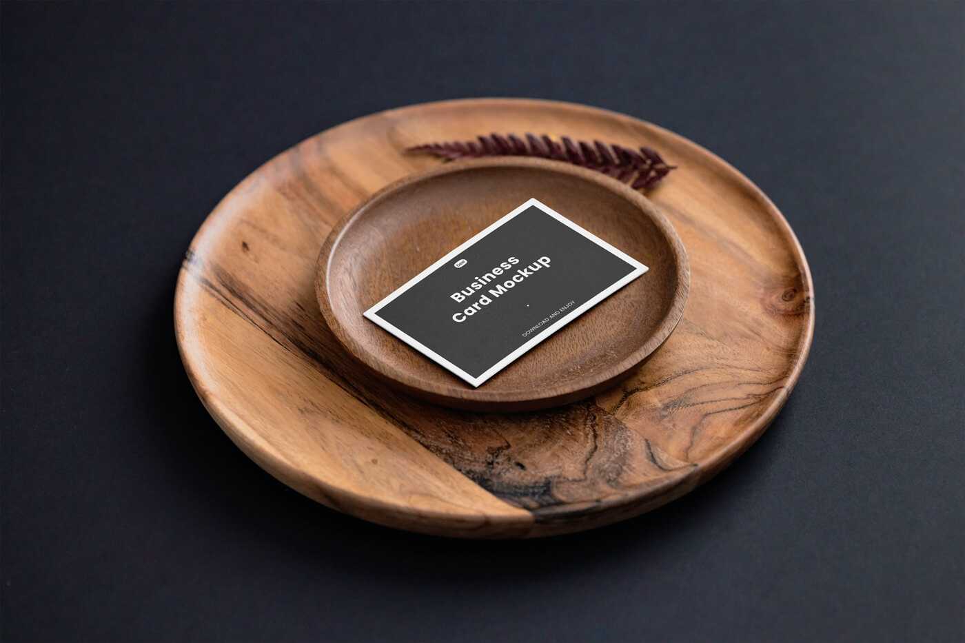 Artistic Perspective Free Business Card Mockup on Wooden Plate