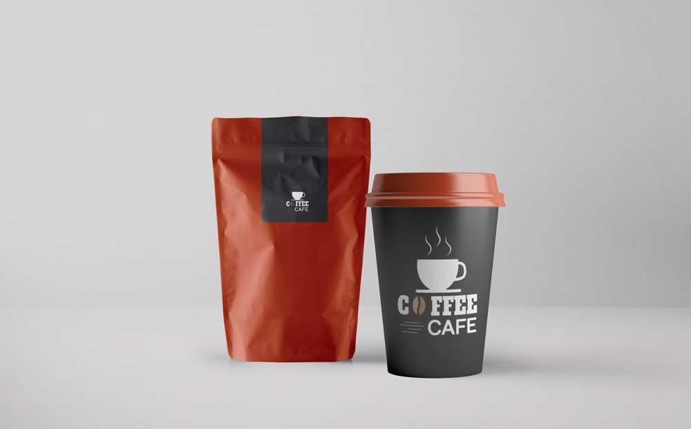 Coffee Pouch Bag Packaging and Paper Cup Mockup