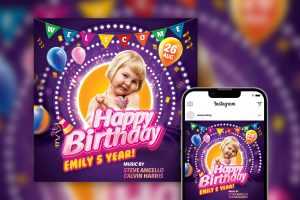 Colorful Kids Birthday Party Invitation Social Media Post Template PSD