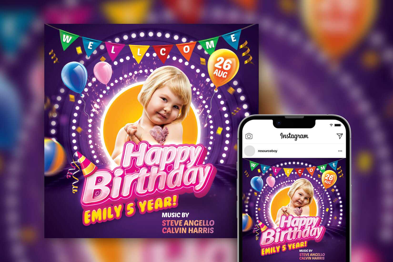 Colorful Kids Birthday Party Invitation Social Media Post Template PSD