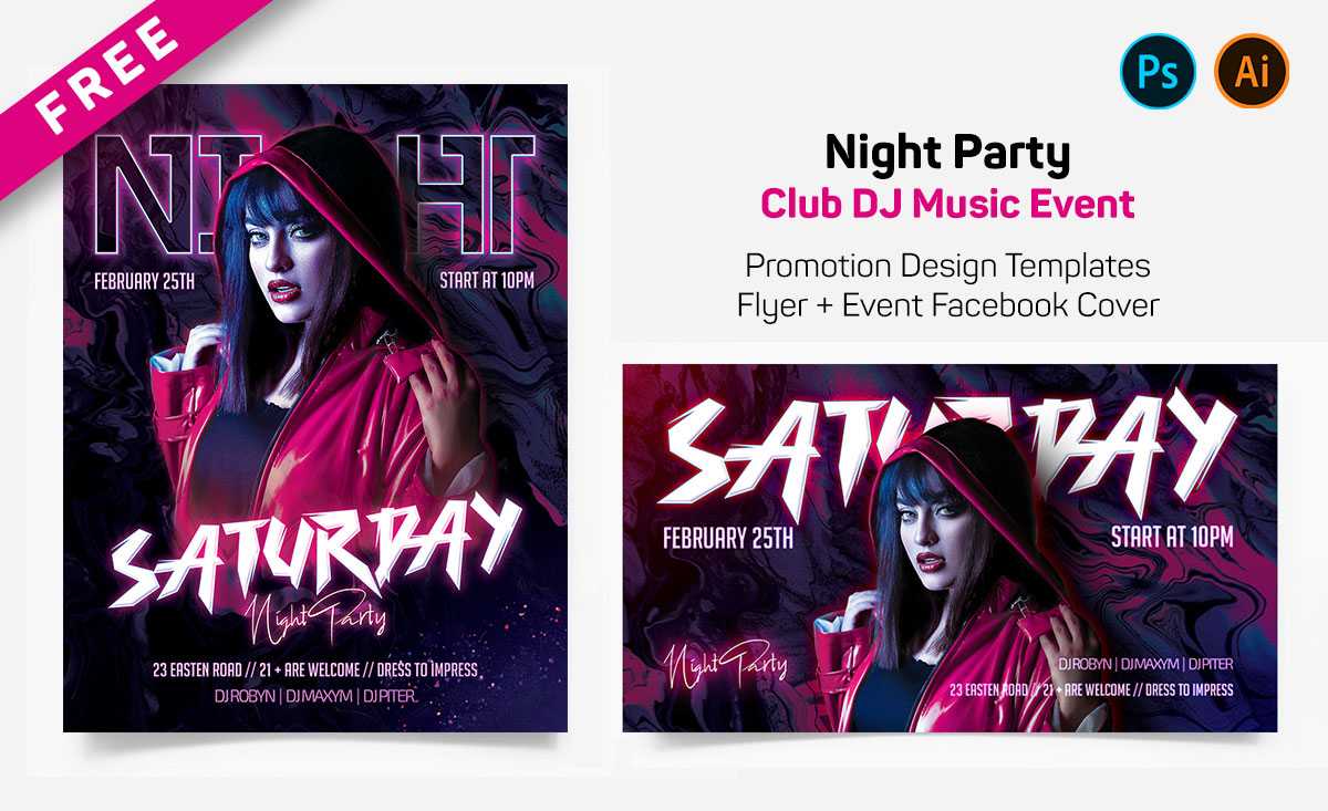 DJ Music Night Party Free Flyer + FB Cover Ai and PSD Templates
