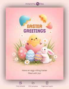 Easter Greetings Social Media Flyer Design PSD – Cute Bunny & Egg Holiday Template