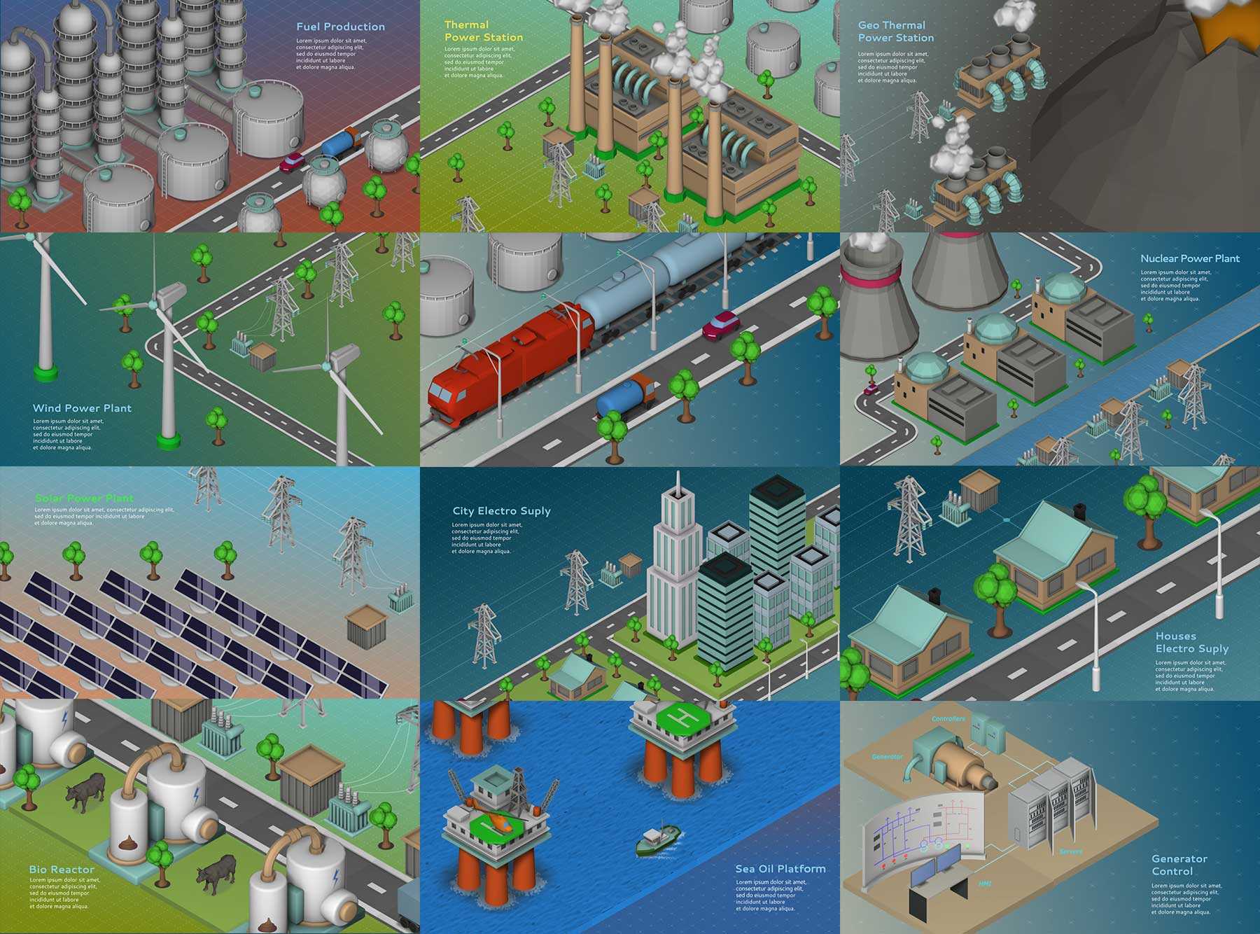Energy and Industry Scenes Elements PSD file for FREE