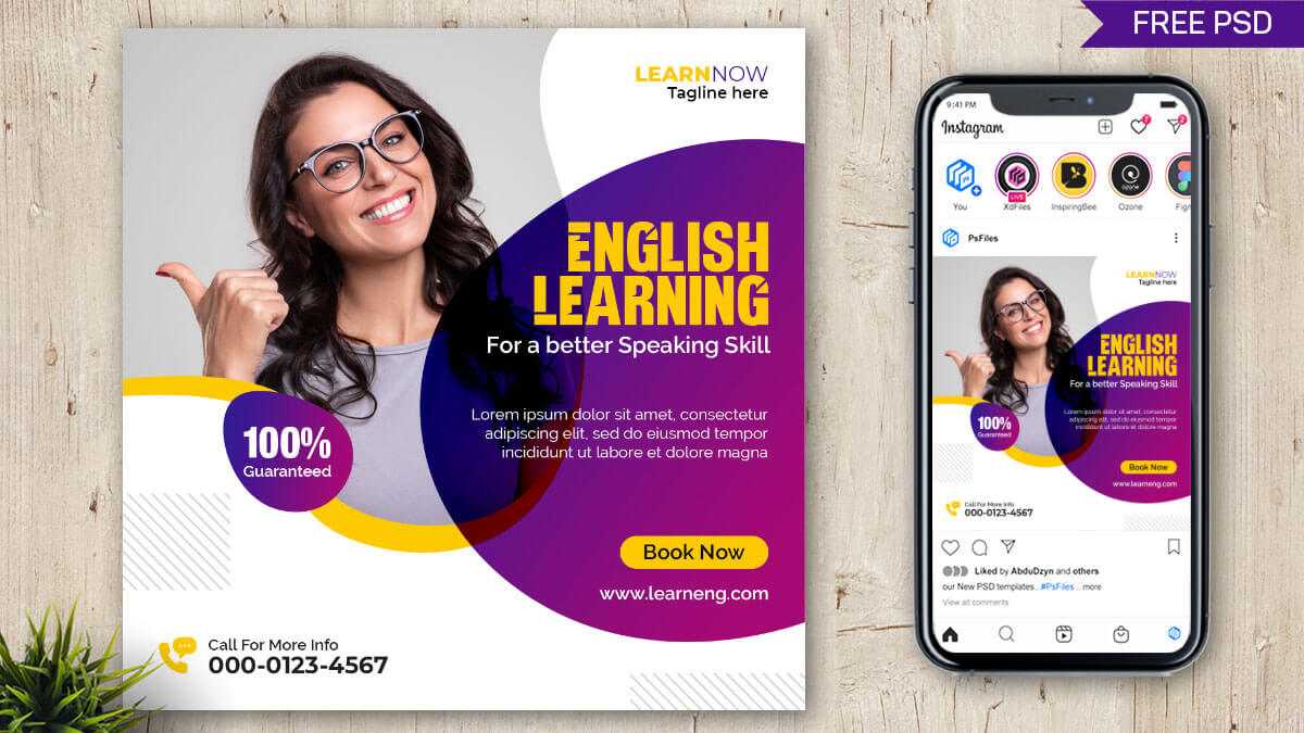 English Learning Course Free Instagram Post Design PSD Template