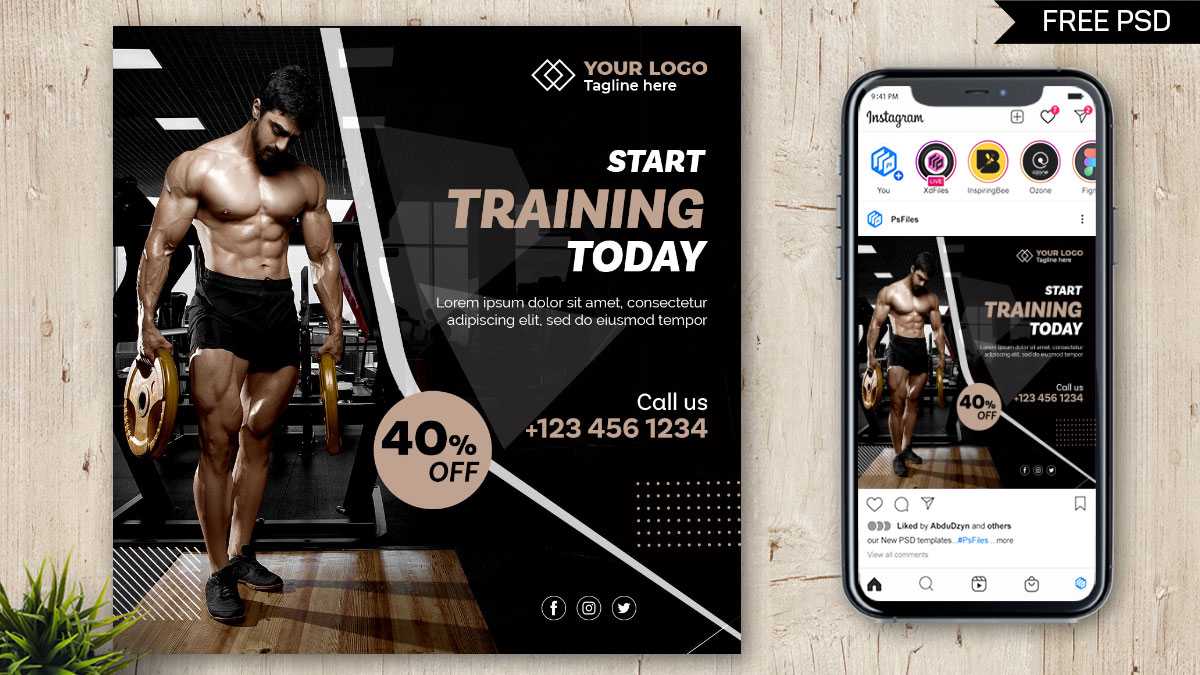 Fitness Gym Training Centre Free Instagram Post PSD Template 12