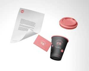 Floating Coffee Cup, Business Card, A4 - Branding PSD Mockup