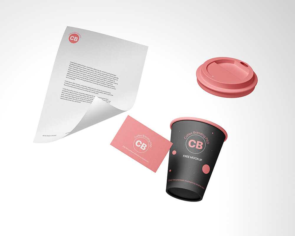 Floating Coffee Cup, Business Card, A4 - Branding PSD Mockup