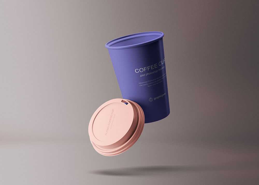 Floating Paper Coffee Cup with Plastic Lid Mockup