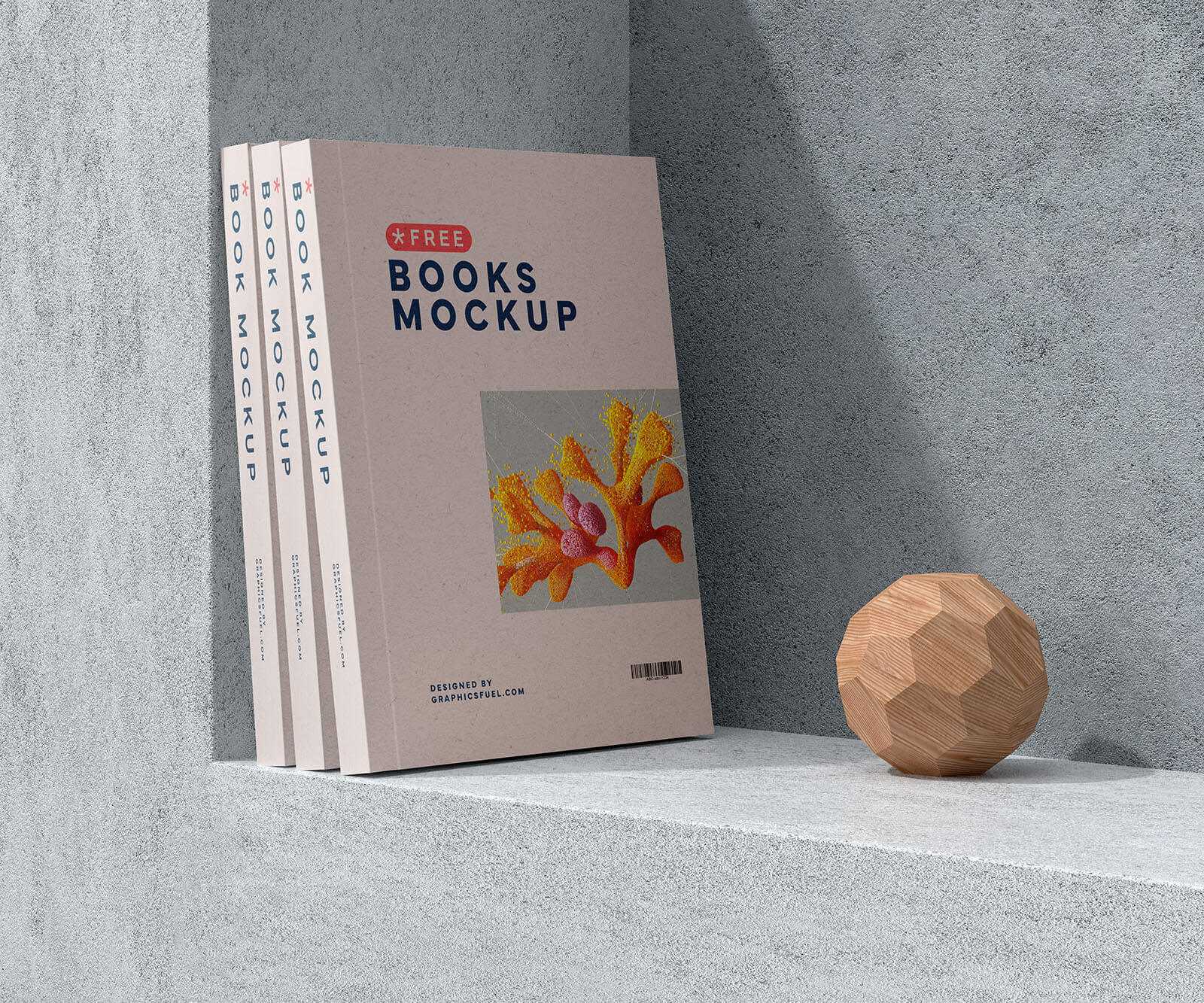 Free 3 Books Mockups on Concert Wall Shelf Scene