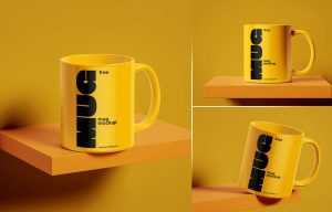 Free 3 Glossy Mug On Shelf Mockup PSD Template
