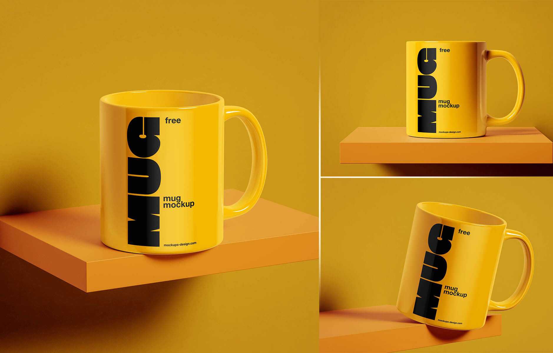 Free 3 Glossy Mug On Shelf Mockup PSD Template