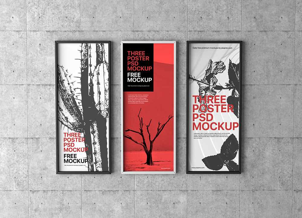 Free 3 Vertical Poster Mockup PSD