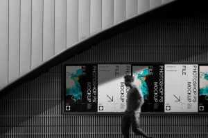 Free 5 Lined-up Subway Glued Posters Mockup PSD