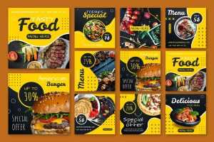 Free 9 Food Menu Instagram Posts Set Templates PSD + Vector