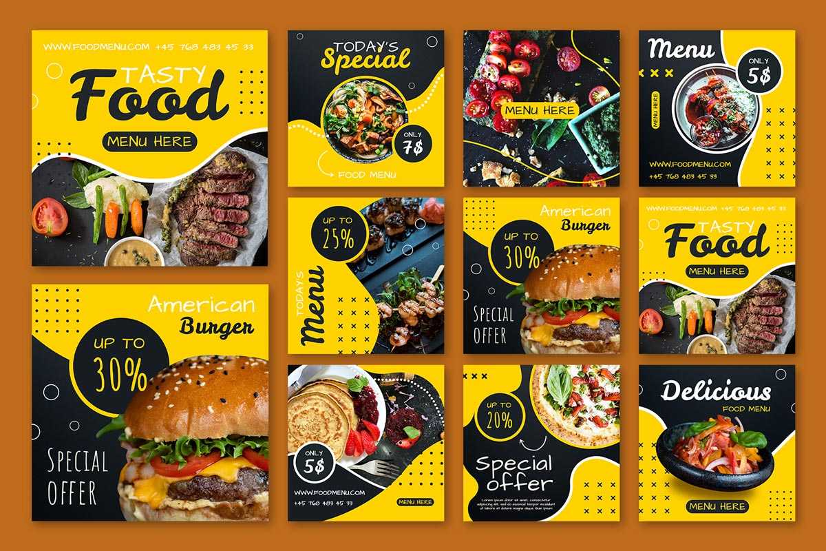 Free 9 Food Menu Instagram Posts Set Templates PSD + Vector
