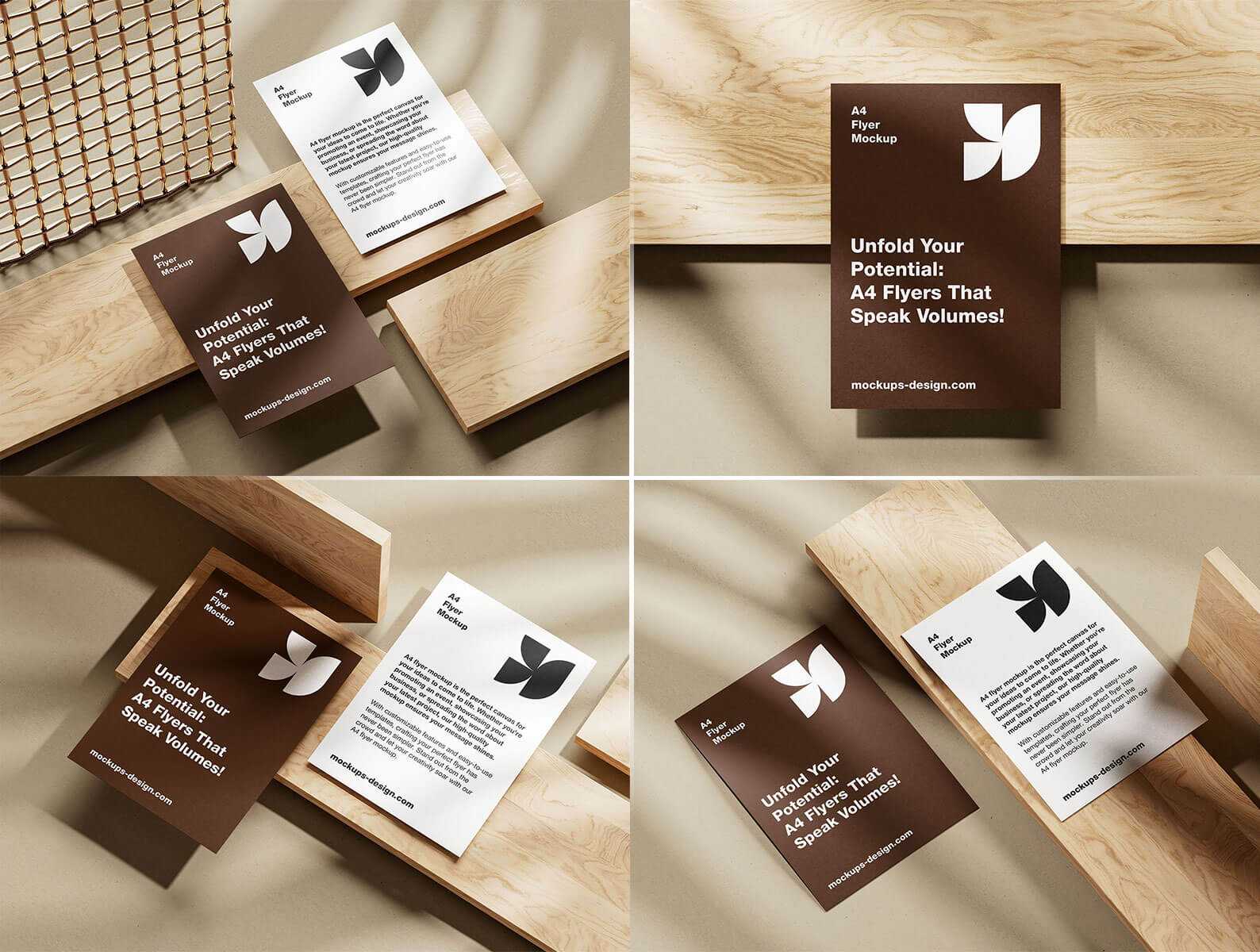 Free A4 Flyer Mockups PSD Set Placed on Wooden Planks