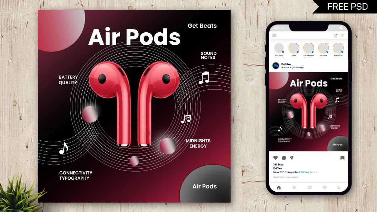 Free Airpods Social Media Flyer Post Design PSD Template