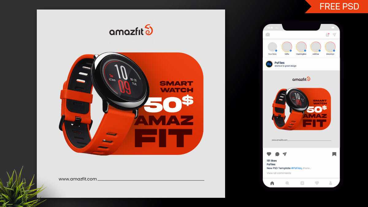 Free Amazfit Smart Watch Social Media Post Design PSD Template