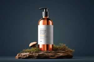 Free Amber Bottle with Pump Mockup on Rustic Wood