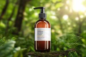 Free Amber Glass Pump Bottle Mockup - Eco Scene