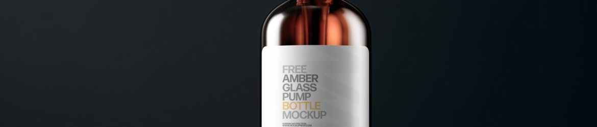 Free Amber Pump Bottle Mockup on Rustic Wooden Surface