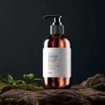 Free Amber Pump Bottle Mockup on Rustic Wooden Surface