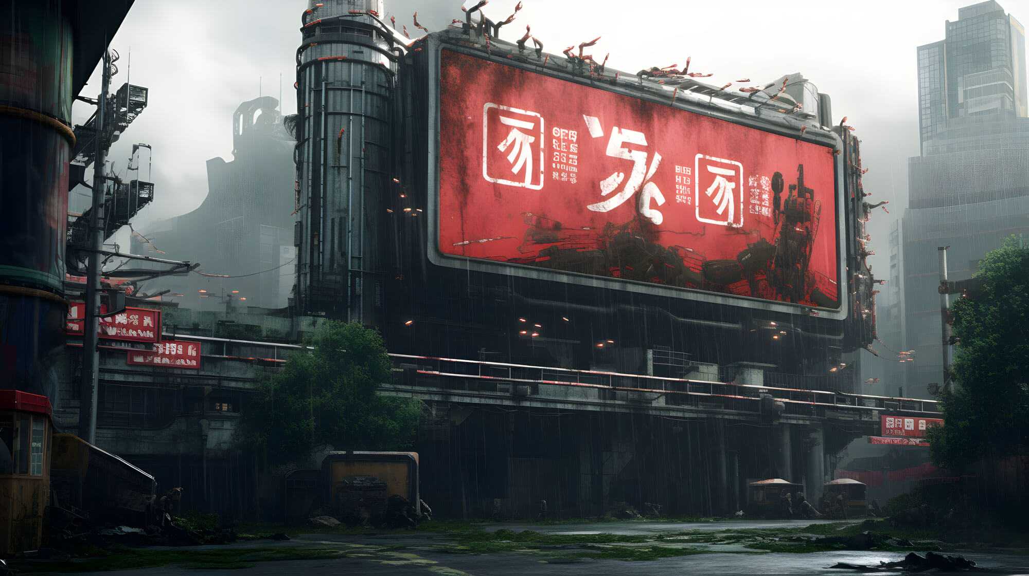 Free Apocalypse Building Billboard Sign Mockup PSD