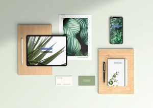 Free Apple Devices With Stationery Mockup PSD Top view