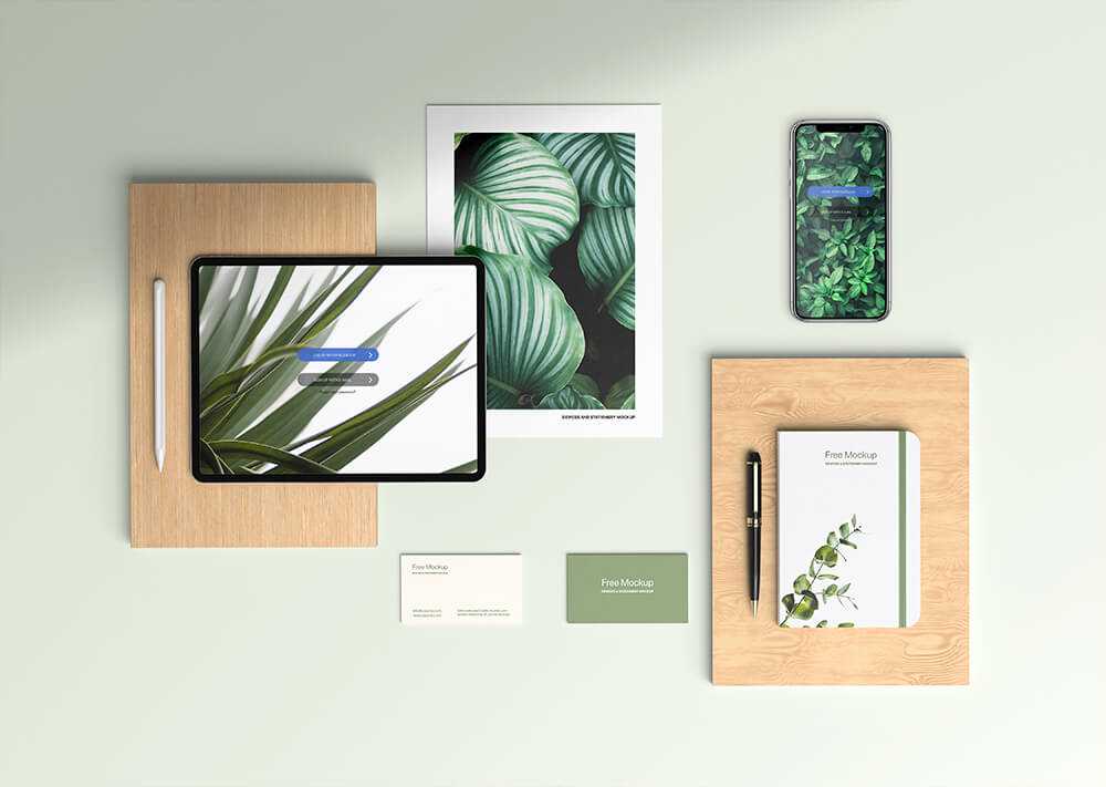 Free Apple Devices With Stationery Mockup PSD Top view
