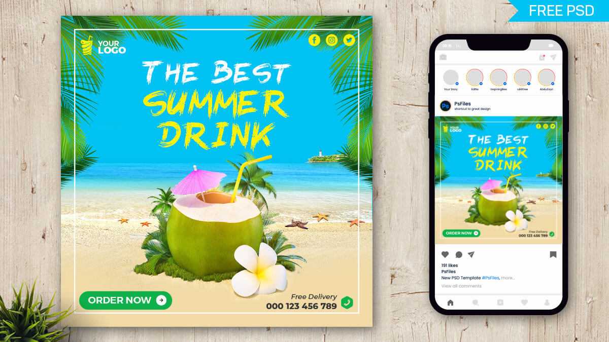 Free Best Summer Drink Social Media Post Design PSD Template