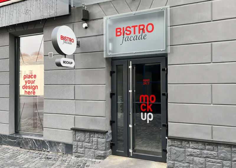 Free Bistro Shop Front Facade Logo Mockup