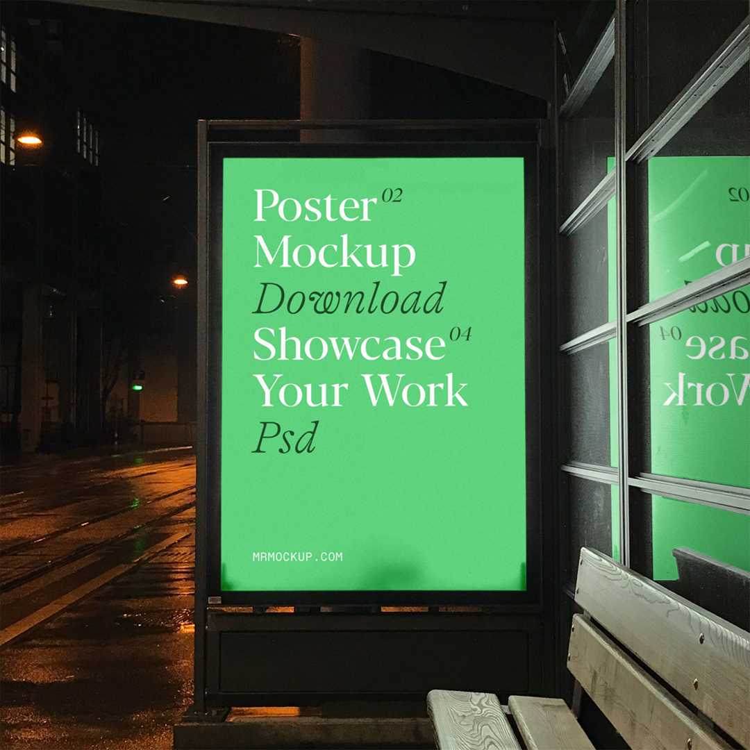 Free Bus Stop Poster at Night Mockup