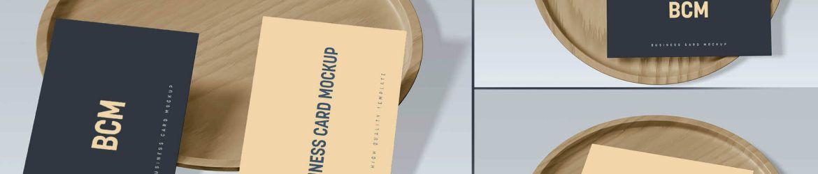 Free Business Card Mockups set on Wooden Plate