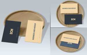 Free Business Card Mockups set on Wooden Plate