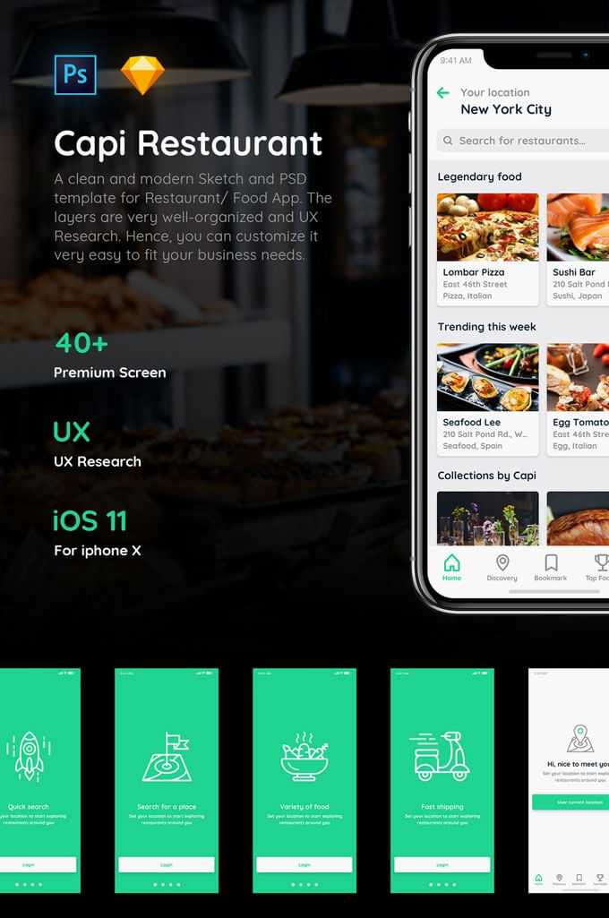Free Capi Restaurant iOS UI Kit PSD and Sketch files