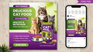 Free Cat Food Social Media Post Design PSD Template – Pet Food Advertisement Banner