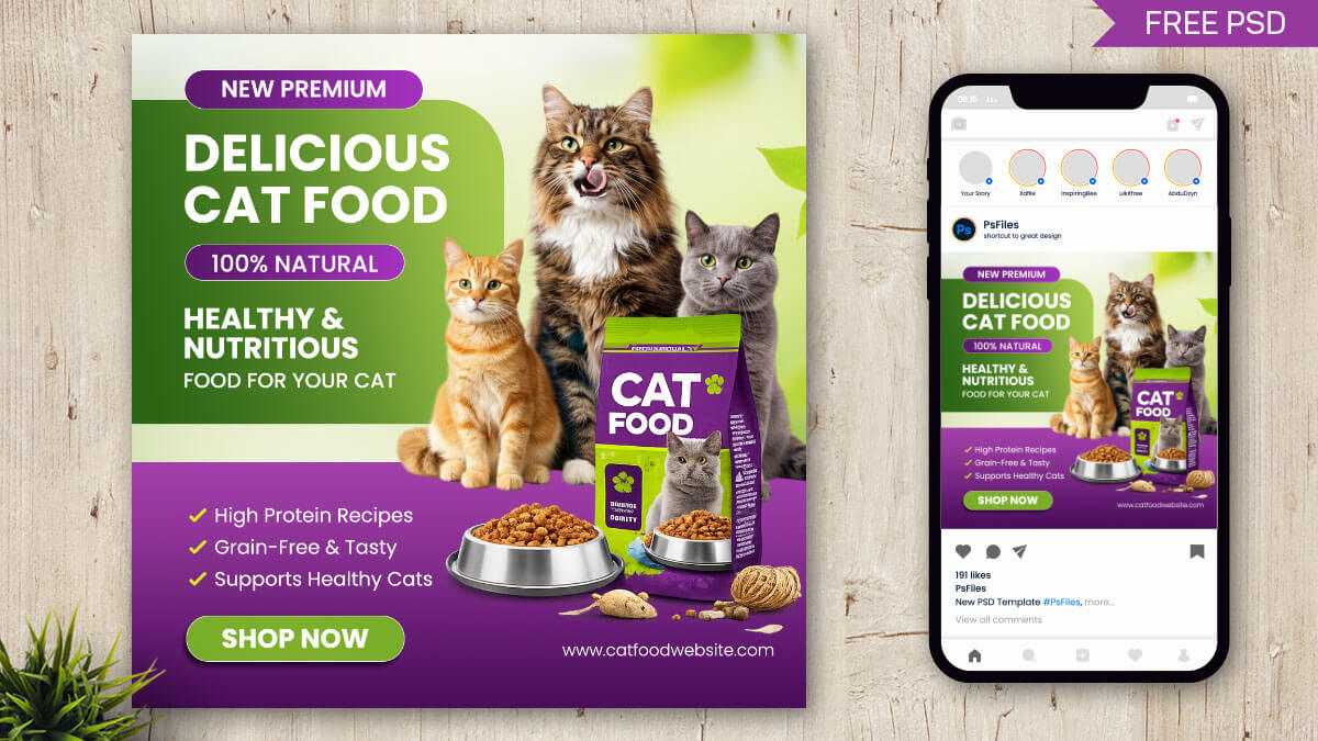 Free Cat Food Social Media Post Design PSD Template – Pet Food Advertisement Banner
