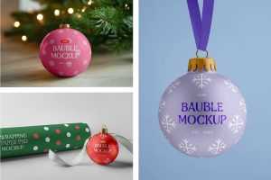 Free Christmas Baubles and Wrapping Paper Mockups PSD