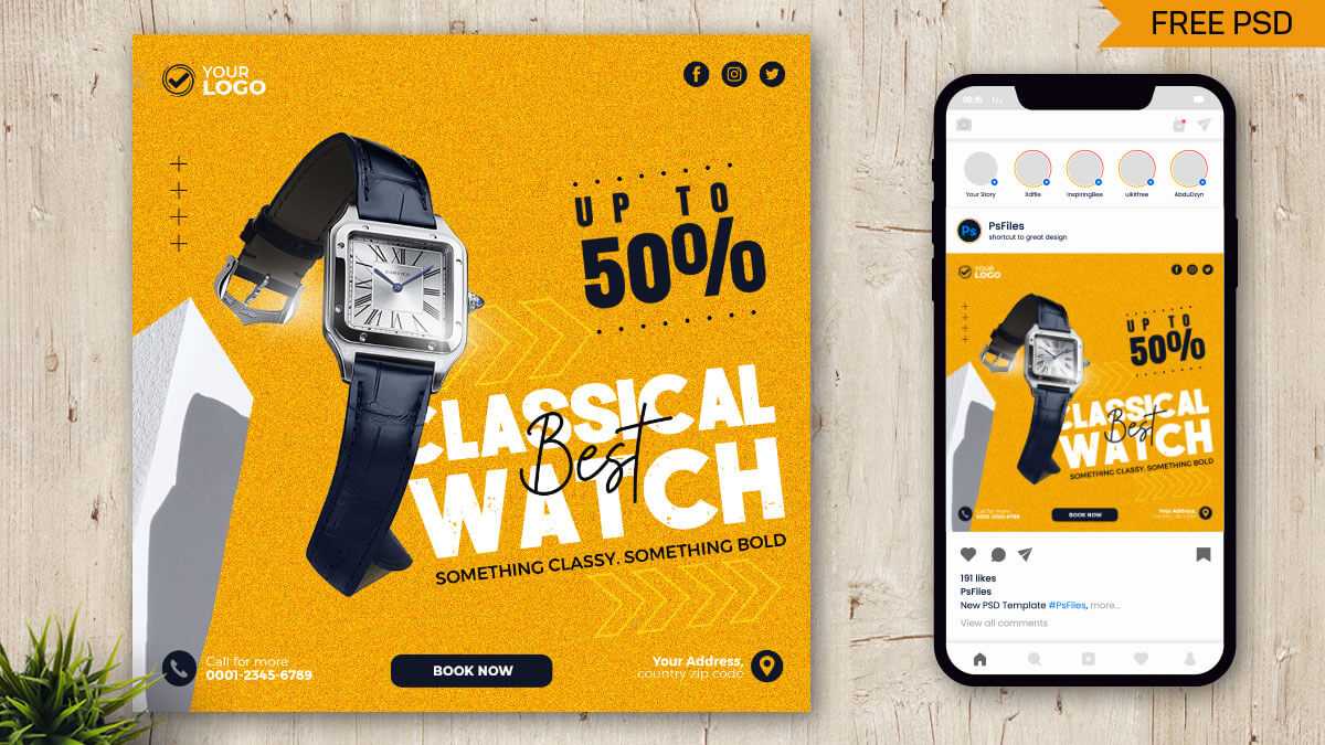 Free Classical Watch Product Instagram Post Design PSD Template