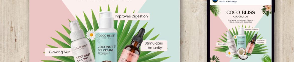 Free Coco Bliss Coconut Oil Bottle Social Media Post PSD Template