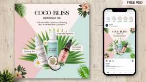 Free Coco Bliss Coconut Oil Bottle Social Media Post PSD Template