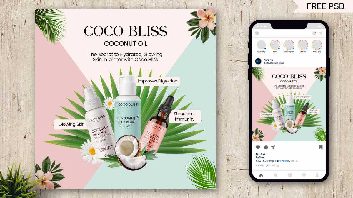 Free Coco Bliss Coconut Oil Bottle Social Media Post PSD Template