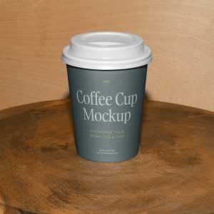 Free Coffee Cup on the Wooden Stool Mockup