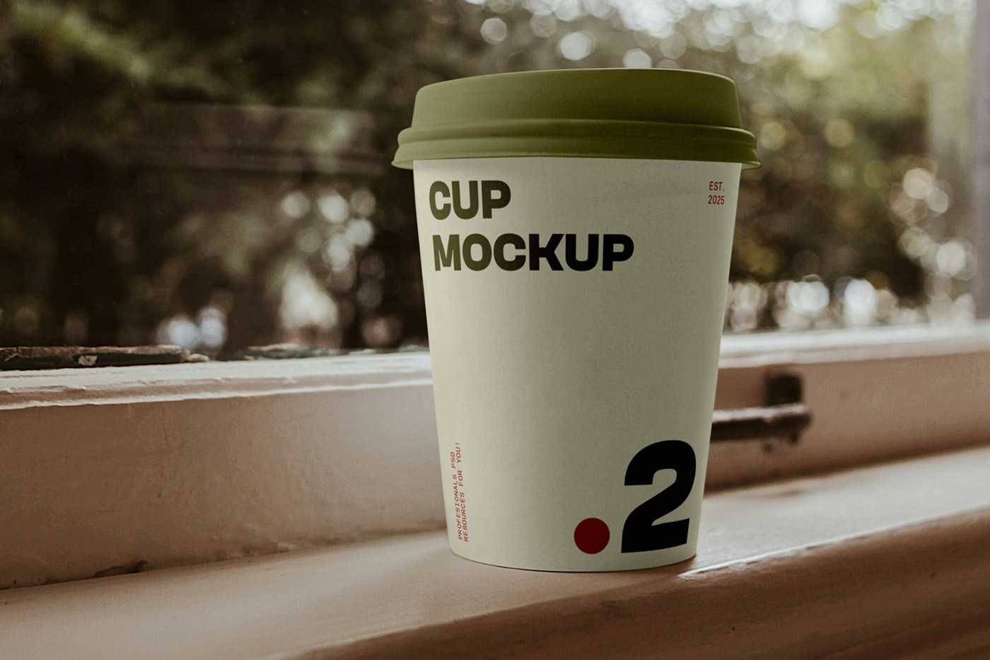 Free Coffee Cup on Window Ledge Mockup