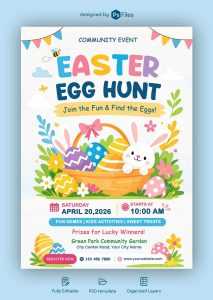 Free Colorful Easter Egg Hunt Party Flyer PSD Template – Kids Event A4 Design Download