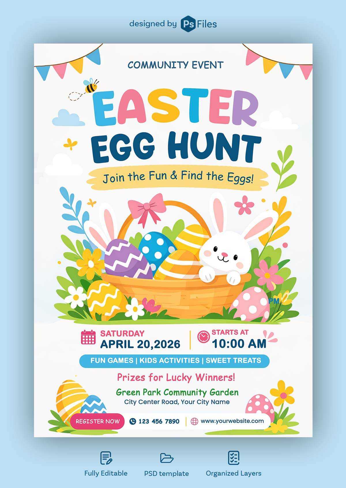 Free Colorful Easter Egg Hunt Party Flyer PSD Template – Kids Event A4 Design Download