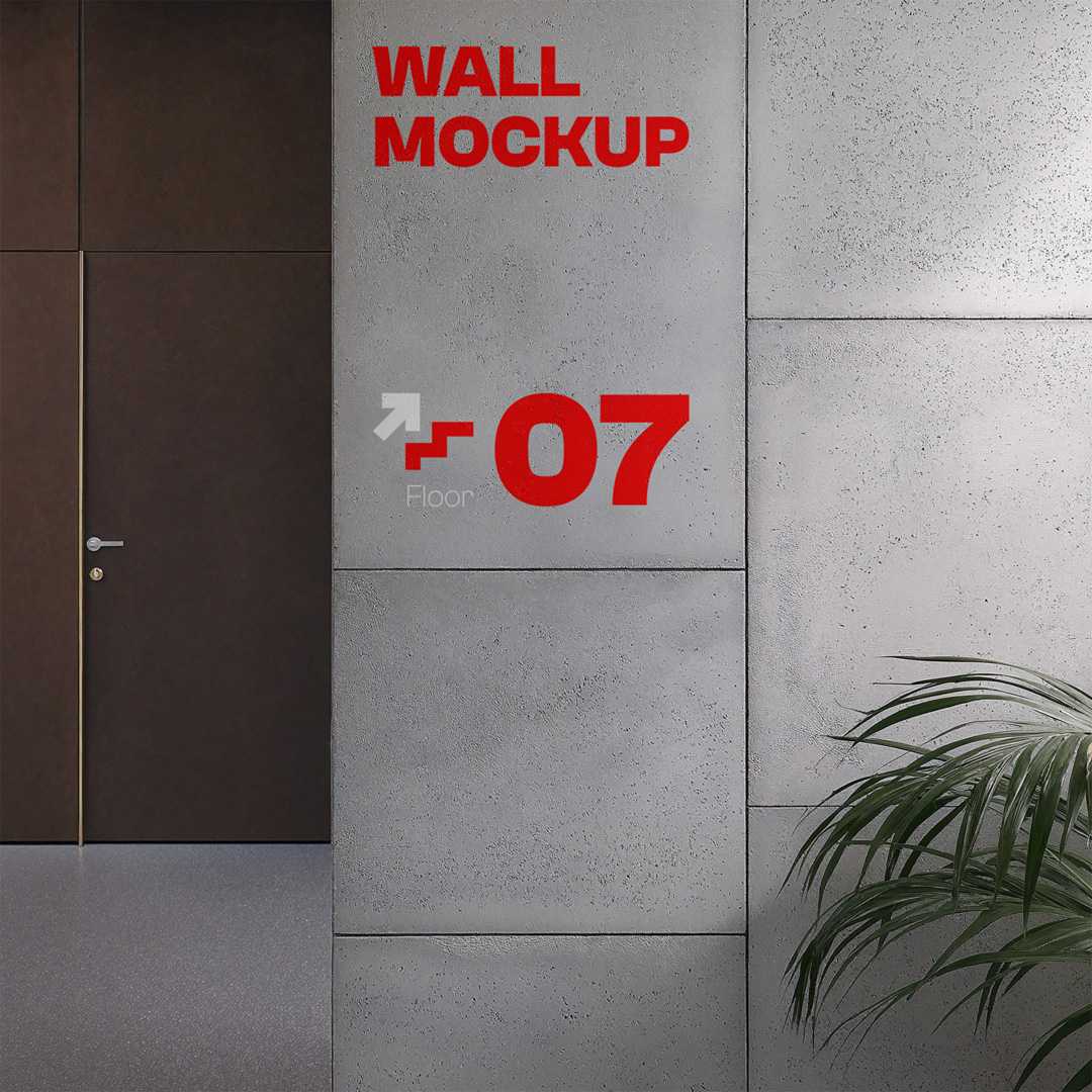 Free Concrete Wall with a Plant on the Office Mockup