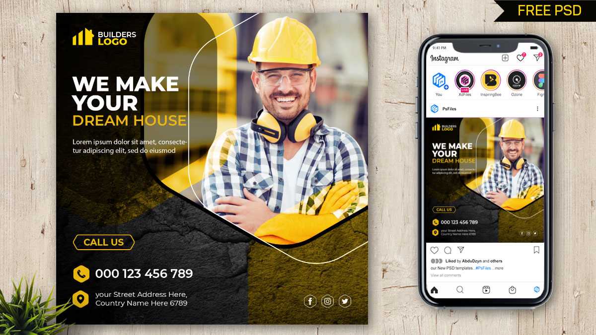 Free Construction Builders Social Media Post PSD Template