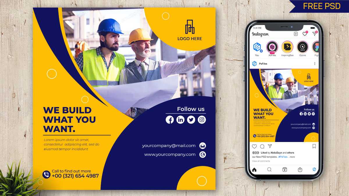 Free Construction Company Social Post Design PSD Template